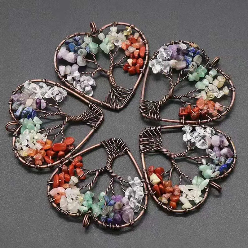 7 Chakra Stone Tree of Life Heart Pendants 6pcs/lot