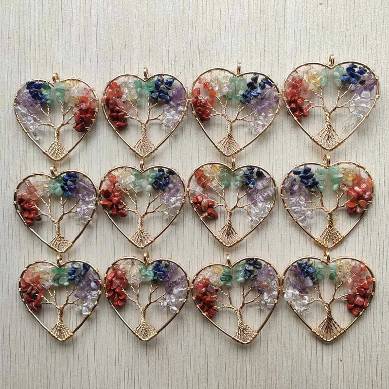 7 Chakras Stone Tree of Life Heart Pendants - Set of 12