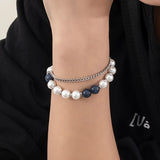 8mm Double Layer Pearl Bracelet for Men Stainless Steel Cuban Chain Bracelet