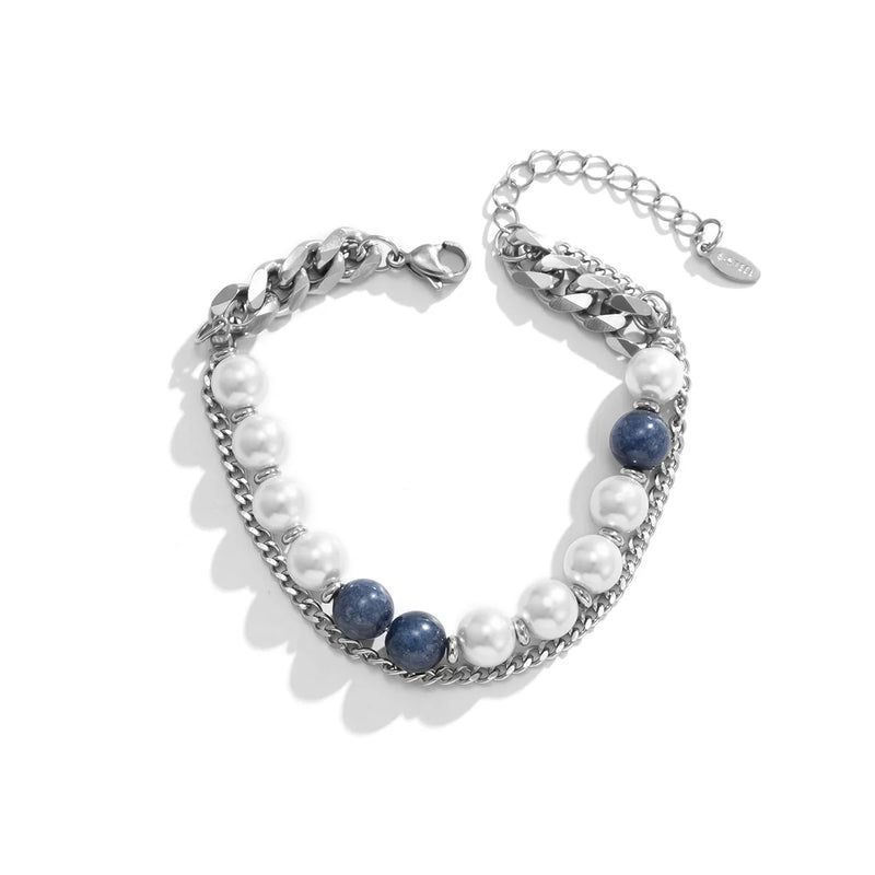 8mm Double Layer Pearl Bracelet for Men Stainless Steel Cuban Chain Bracelet