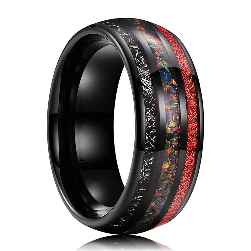 8mm Tungsten Carbide Ring with Opal & Red Meteorite Inlay