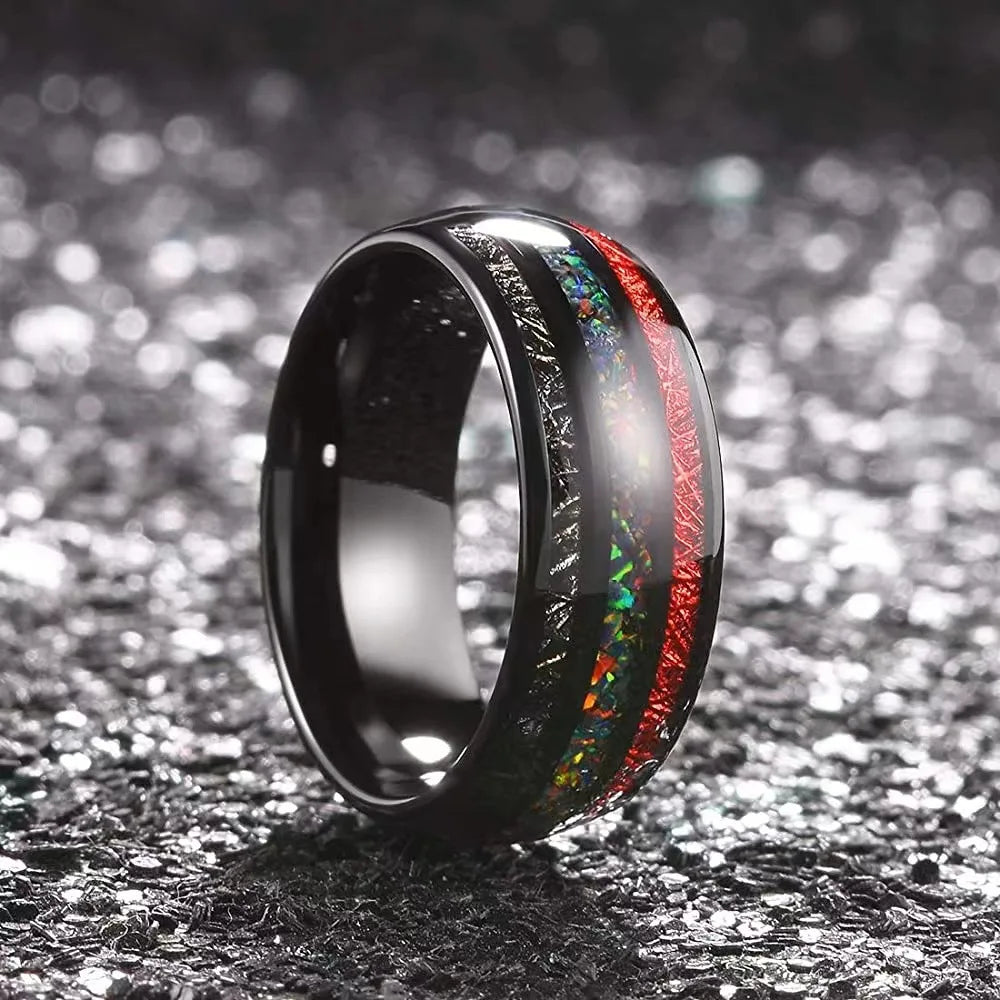 8mm Tungsten Carbide Ring with Opal & Red Meteorite Inlay