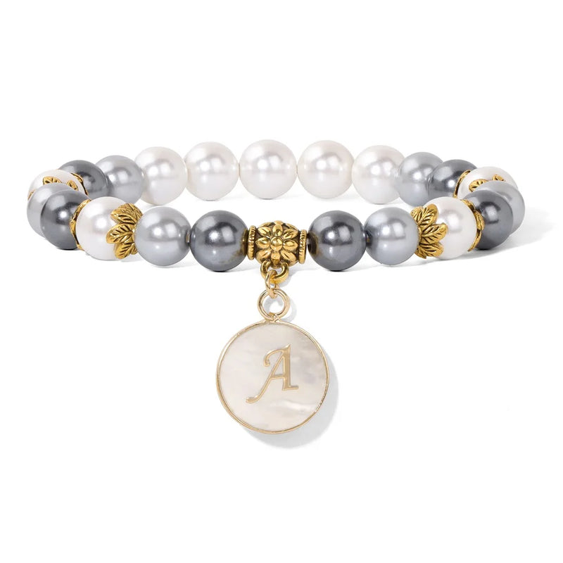 8mm Shell Beads Bracelet with Initial Letter Charm Pendant