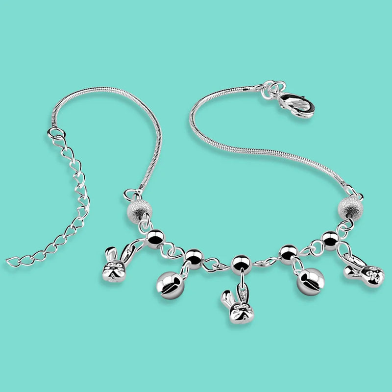 925 Silver Anklet Rabbit Pendant Chain Women's Jewelry