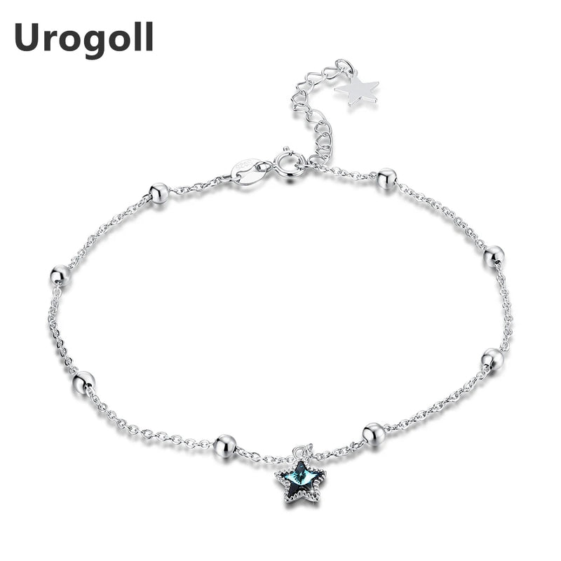 925 Silver Anklets Women Round Bead Chains Star Crystal Anklet