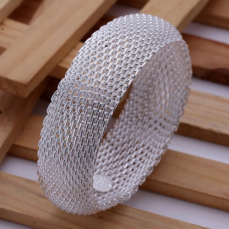 925 Sterling Silver Bangle Bracelet for Women - High Retro Lady Mesh Round