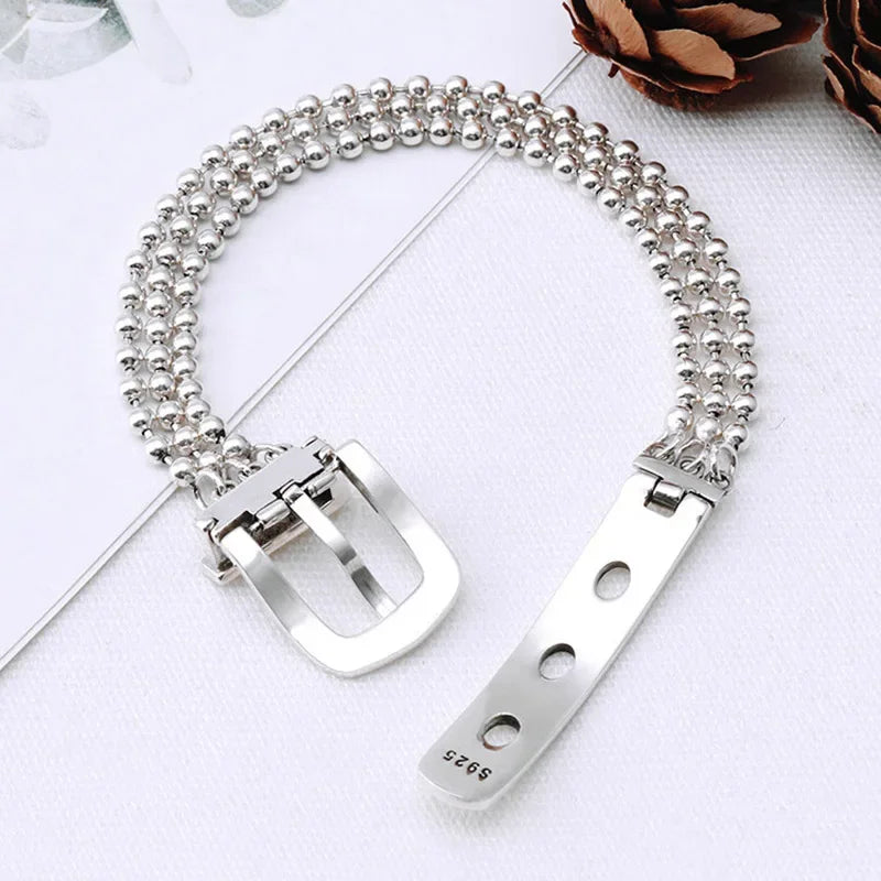 925 Silver Belt Buckle Bracelet Punk Bead Chain Bangle