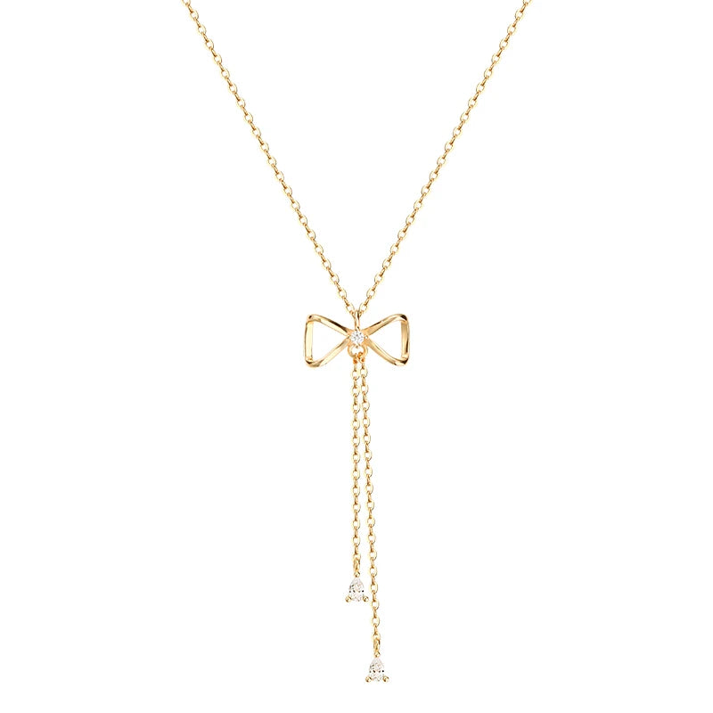 925 Silver Bow Necklace Zircon Tassel Clavicle Chain High Jewelry