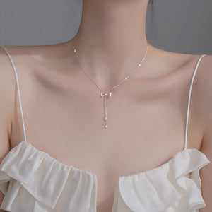 925 Silver Bow Necklace Zircon Tassel Clavicle Chain High Jewelry