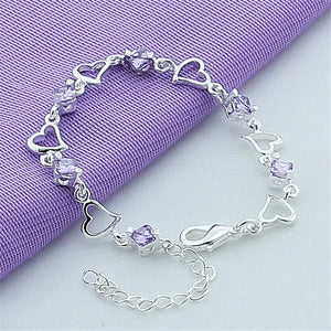 925 Silver Bracelet Heart Purple Crystal Zircon Jewelry Gift