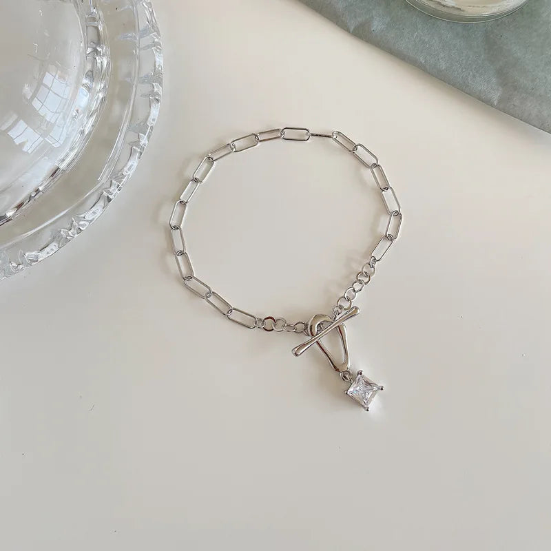 925 Silver Bracelet Zircon Pendant Link Chain for Women