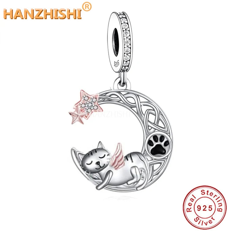 925 Sterling Silver Dog Cat Charms Dangle Beads