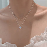 925 Silver Double Layer Moonstone Necklace Heart Pendant Collar Chain