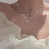 925 Silver Double Layer Moonstone Necklace Heart Pendant Collar Chain