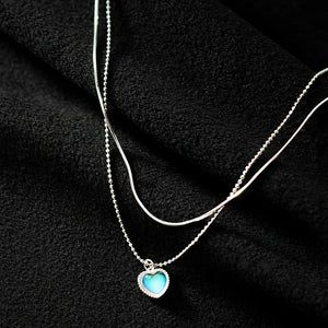 925 Silver Double Layer Moonstone Necklace Heart Pendant Collar Chain