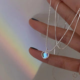 925 Silver Double Layer Moonstone Necklace Heart Pendant Collar Chain