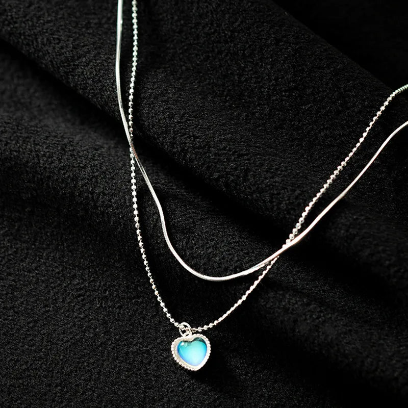 925 Silver Double Layer Moonstone Necklace Heart Pendant Collar Chain
