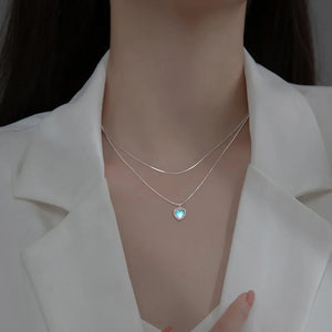 925 Silver Double Layer Moonstone Necklace Heart Pendant Collar Chain