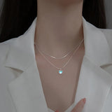 925 Silver Double Layer Moonstone Necklace Heart Pendant Collar Chain