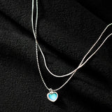 925 Silver Double Layer Moonstone Necklace Heart Pendant Collar Chain