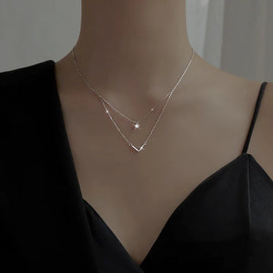 925 Silver Double Layer V Pendant Zircon Necklace