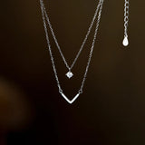 925 Silver Double Layer V Pendant Zircon Necklace