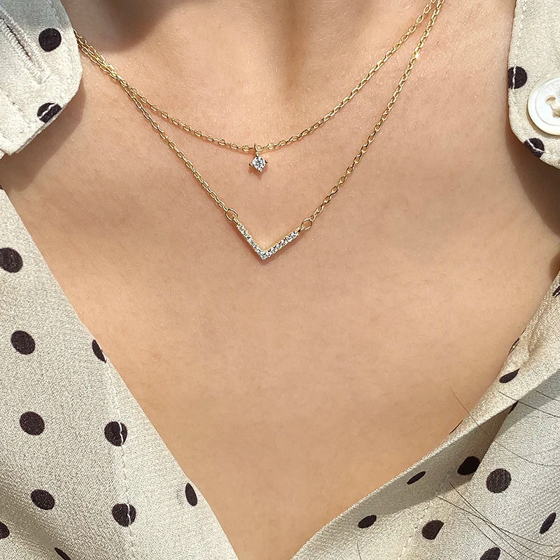 925 Silver Double Layer V Pendant Zircon Necklace