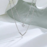 925 Silver Double Layer V Pendant Zircon Necklace