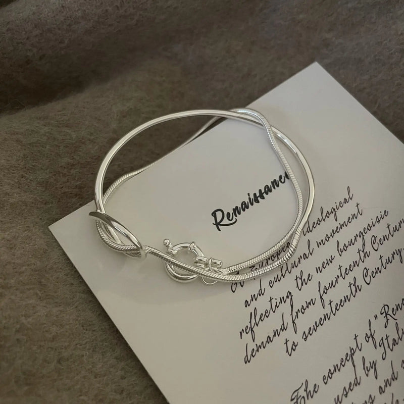 925 Silver Double Layer Round Charm Bracelet Bangle Women Jewelry