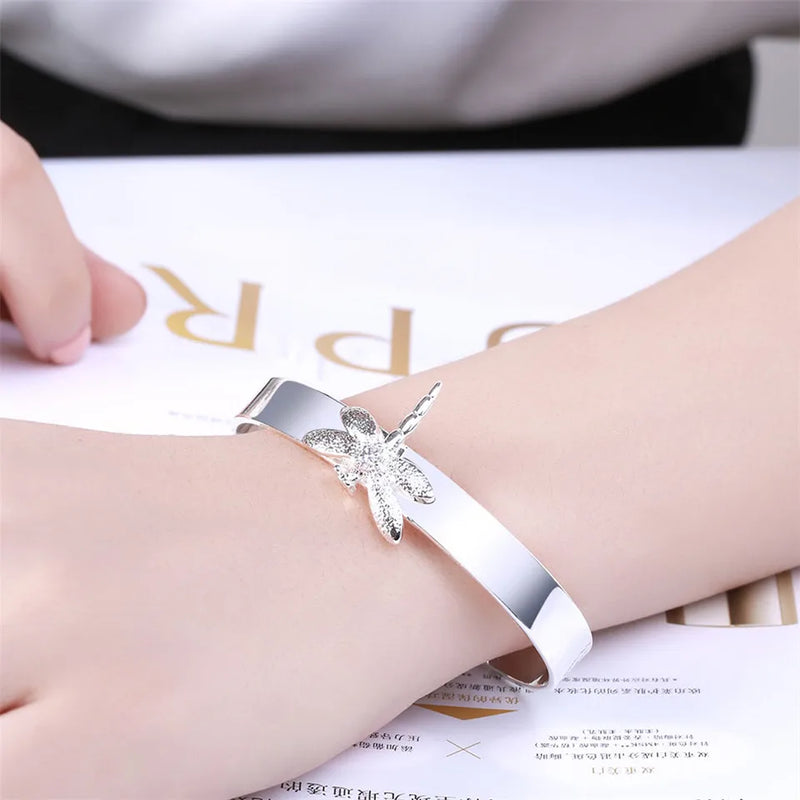 925 Silver Dragonfly Bangle Bracelet For Women Elegant Charm Jewelry