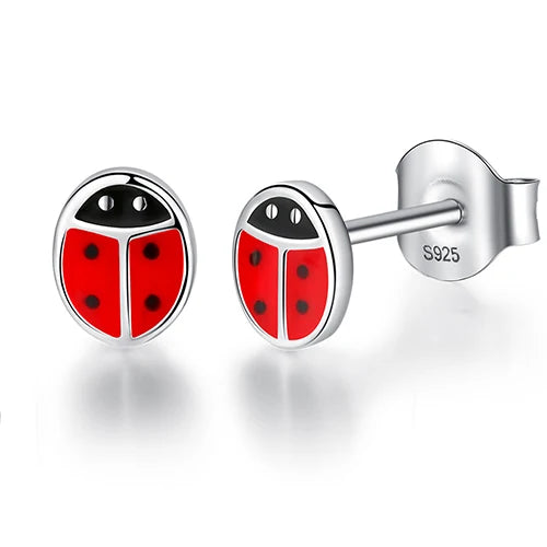 925 Silver Red Ladybug Stud Earrings for Kids