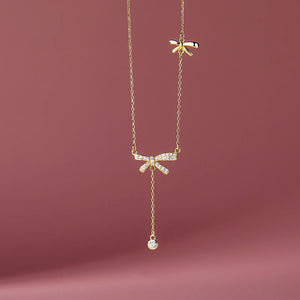 925 Silver Zircon Bow Necklace Tassel Choker