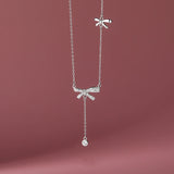 925 Silver Zircon Bow Necklace Tassel Choker