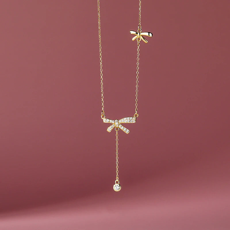 925 Silver Zircon Bow Necklace Tassel Choker