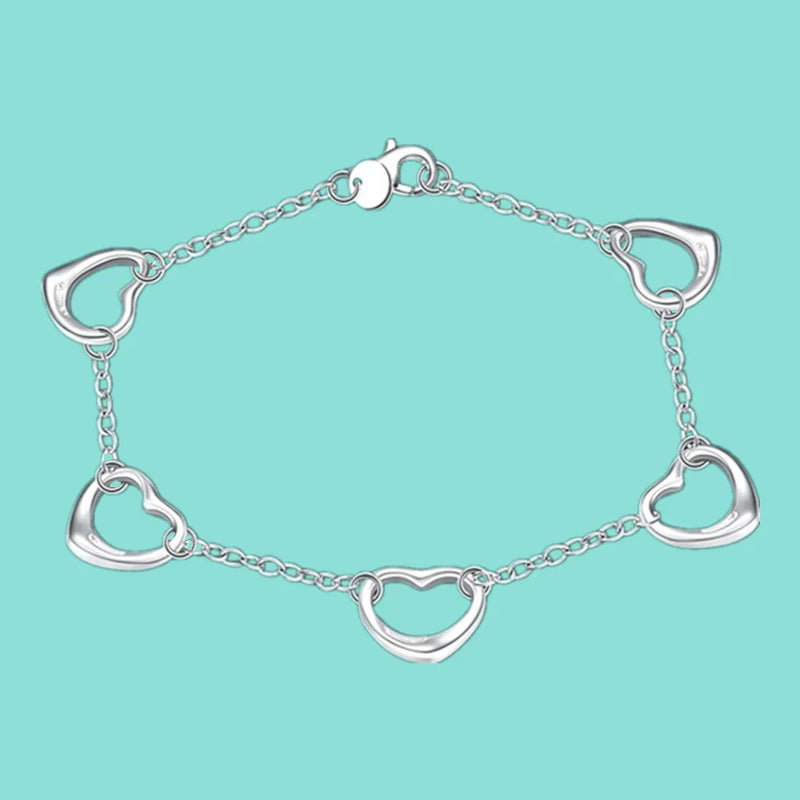 925 Silver Five Heart Bracelet Charm Wedding Jewelry
