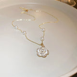 925 Silver Flower Necklace Sweater Pearl Collar Chain Diamond Pendant