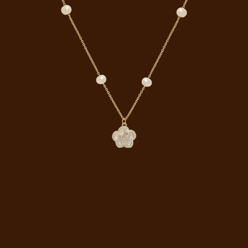 925 Silver Flower Necklace Sweater Pearl Collar Chain Diamond Pendant