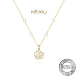 925 Silver Flower Necklace Pearl Collar Pendant