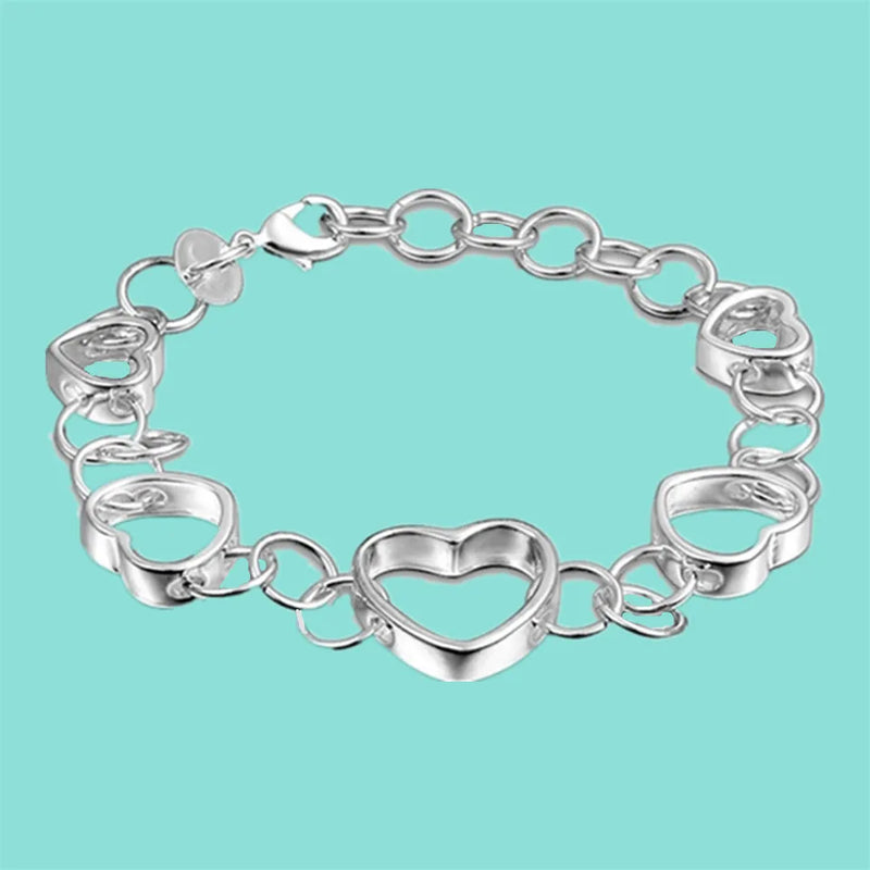 925 Silver Heart Charm Bracelet Women Gift Party
