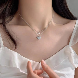 925 Silver Heart Double Layers Necklace Pendant Choker