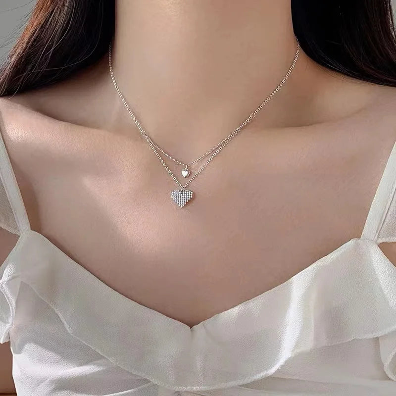 925 Silver Heart Double Layers Necklace Pendant Choker