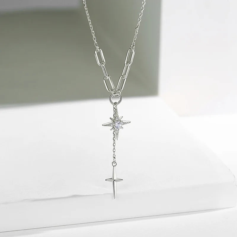 925 Silver Hexagram Necklace Zircon Star Pendant Clavicle Chain
