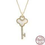 925 Silver Key Pendant Necklace Women Rhinestone Shell Jewelry