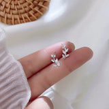 925 Silver Leaf Stud Earrings Zircon Wedding Party Jewelry