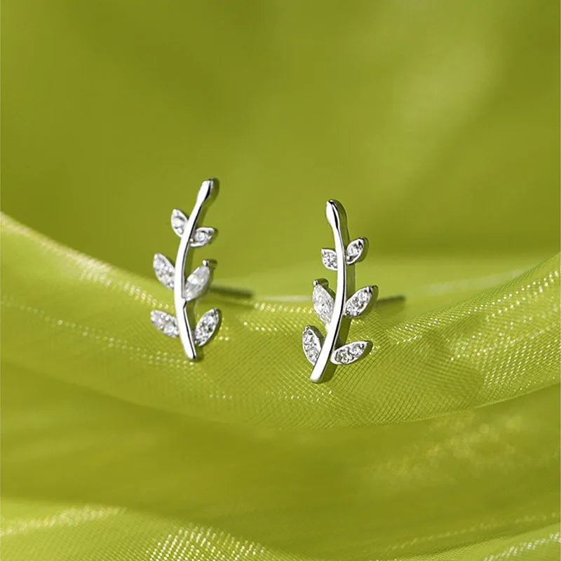925 Silver Leaf Stud Earrings Zircon Personality Wedding Party Jewelry