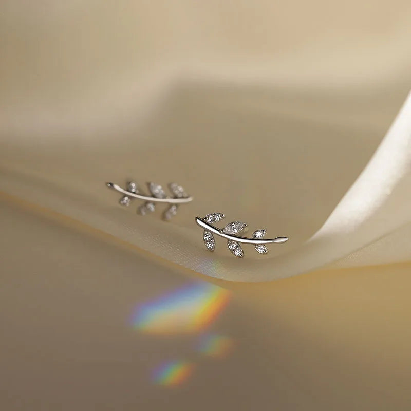 925 Silver Leaf Stud Earrings Zircon Wedding Party Jewelry