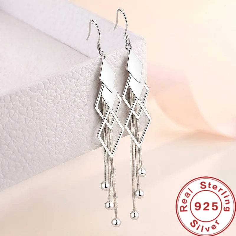 925 Silver Diamond-Shaped Geometric Earrings for Women's Wedding
