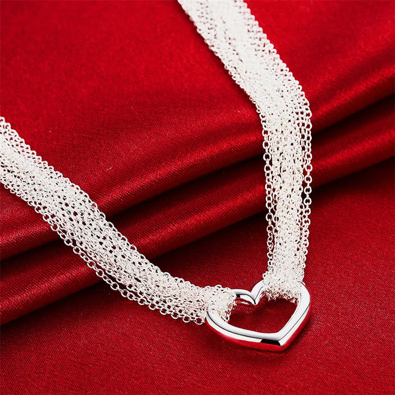 925 Silver Heart Necklace with Multi-line Tassel for Women