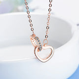 925 Silver Necklace Rose Double Heart Crystal Pendant