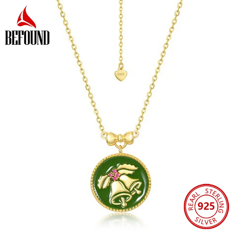 925 Silver Green Christmas Bell Pendant Necklace Enamel Round Women Xmas Jewelry